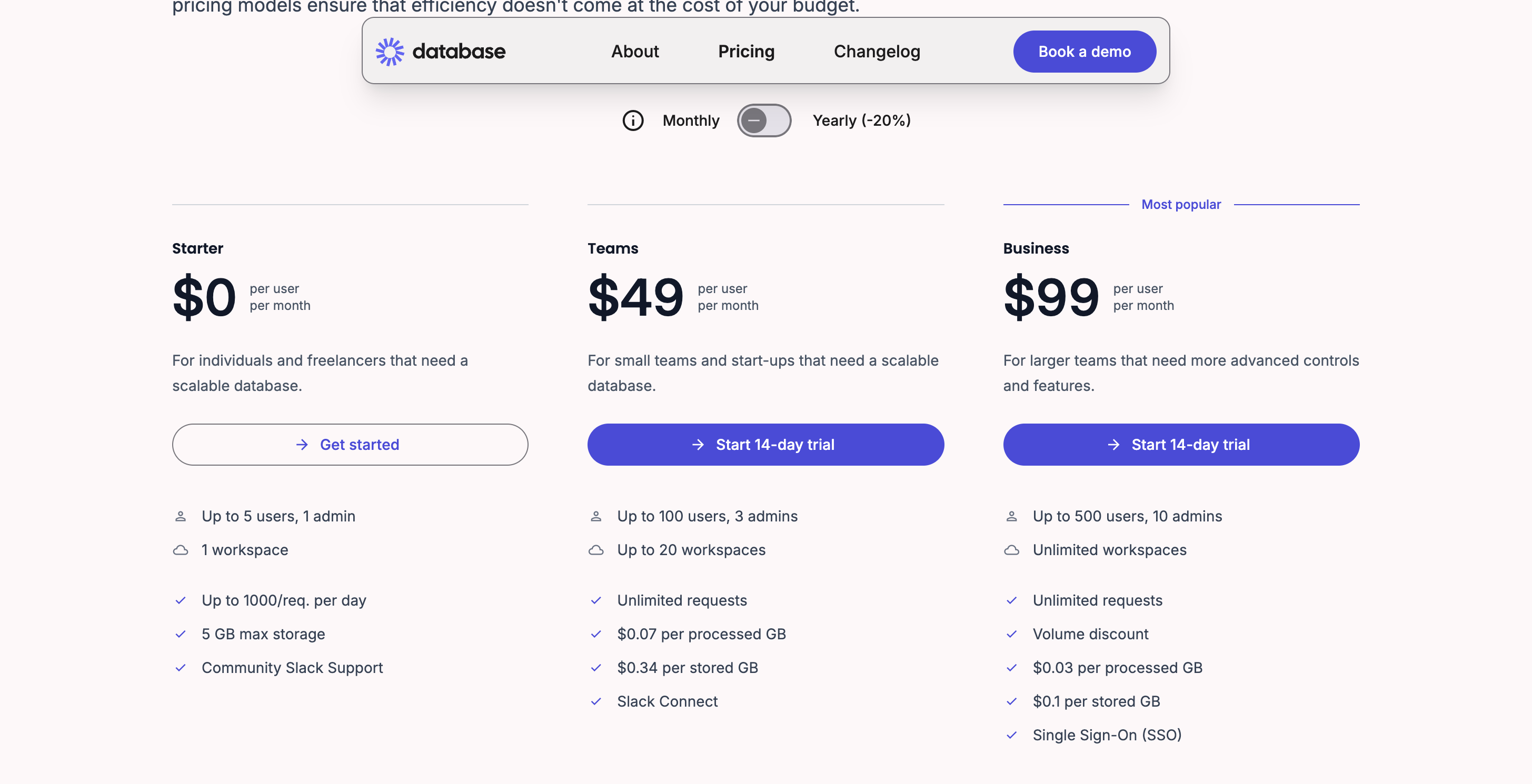 Pricing table